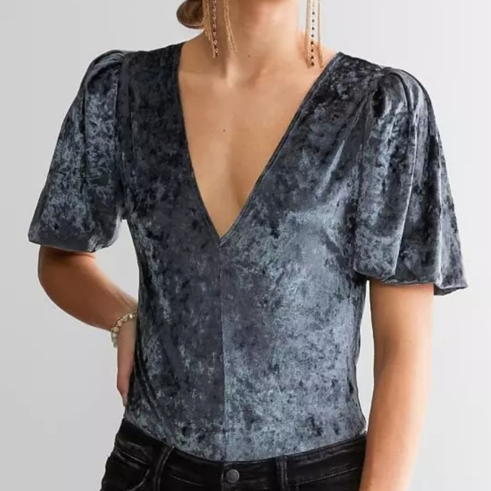 Free People Don't You Wish Sunflower Seed Blue Velvet Bodysuit Size XSmall
